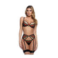 Cherry Delight Embroidered Lace and Mesh Underwire Bra w/Garter & G-String 3 pc Set - Black LG