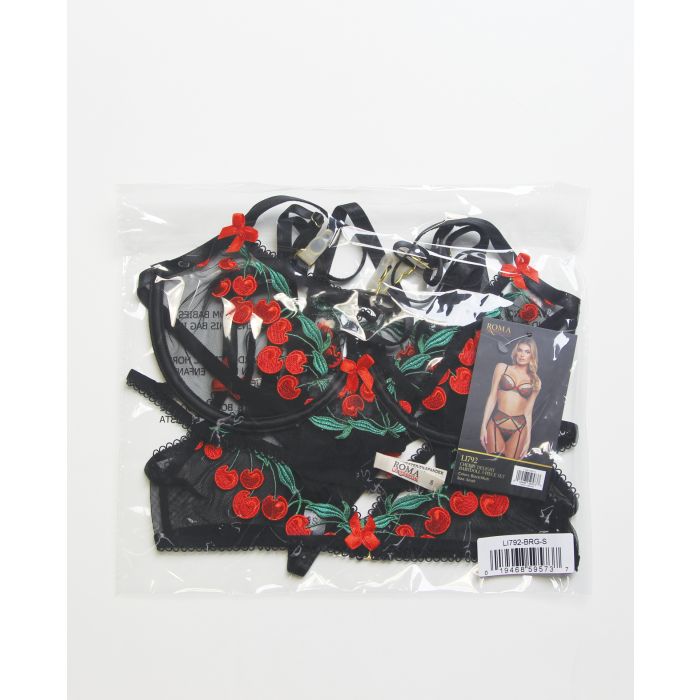 Cherry Delight Embroidered Lace and Mesh Underwire Bra w/Garter & G-String 3 pc Set - Black LG
